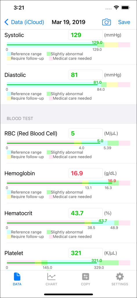 Interface de l'application healthTracks affichant les résultats des tests sanguins et de laboratoire avec des plages de référence.