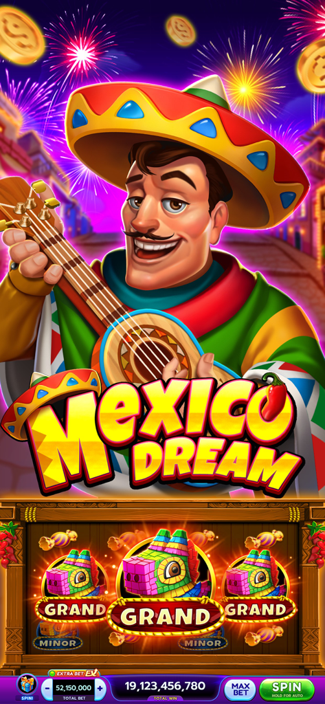 Slotverse mobile game screen featuring the Mexico Dream theme with a character in a sombrero and piñata slot machine symbols.