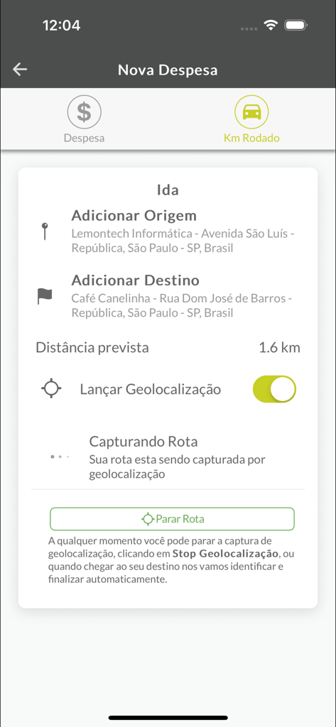 Tela do aplicativo Lemontech mostrando rastreamento de quilometragem por GPS para reembolso de despesas corporativas
