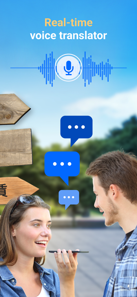 A woman using the voice translation feature of the Translator GO app to speak with another person.