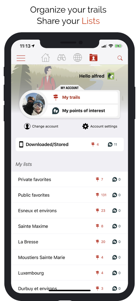 SityTrail - Interface de l'application SityTrail montrant le profil utilisateur et des listes organisées de sentiers de randonnée et de points d'intérêt.