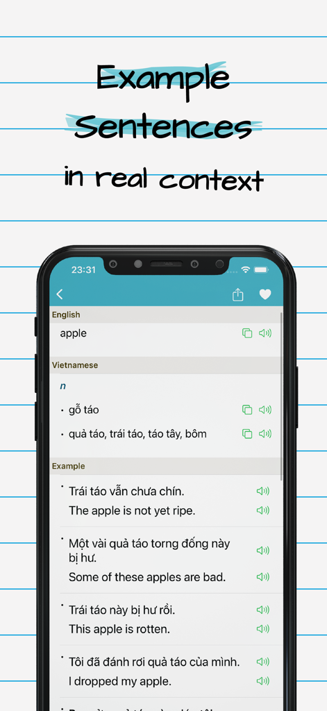 Vietnamese English Dictionary* - Vietnamese English Dictionary interface displaying example sentences for the word apple