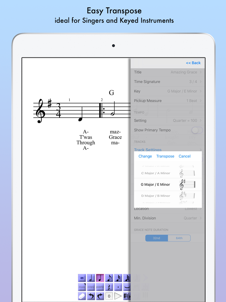 iWriteMusic Pro - iWriteMusic Pro app interface showing the easy transpose menu for a music score on an iPad
