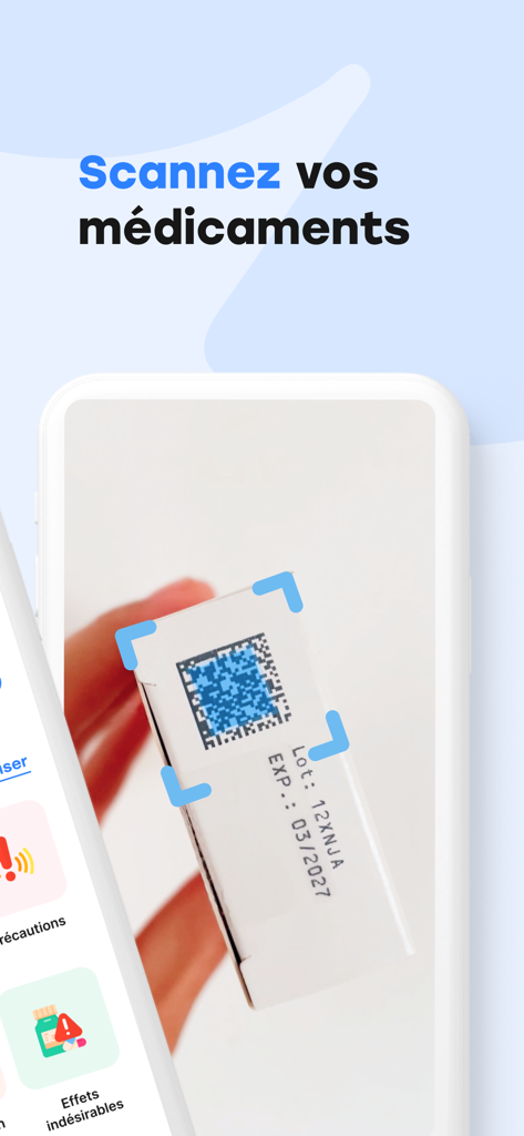 Goodmed - Scan de médicaments - Ein Smartphone, das die Goodmed-App zum Scannen eines QR-Codes auf einer Medikamentenpackung verwendet