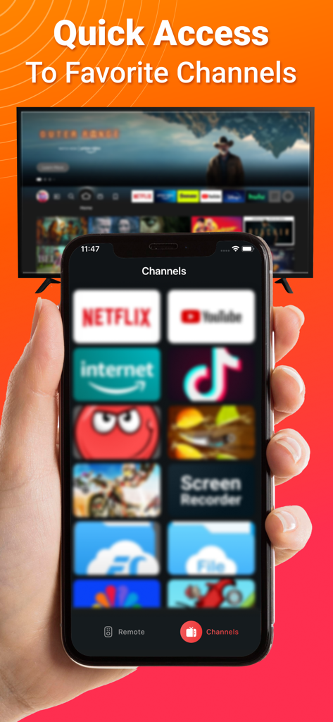 Remote for FireStick and TV - iPhone画面に、FireStickリモコンアプリ経由で素早くアクセスできるNetflixやYouTubeなどの好みのチャンネルのグリッドが表示されています