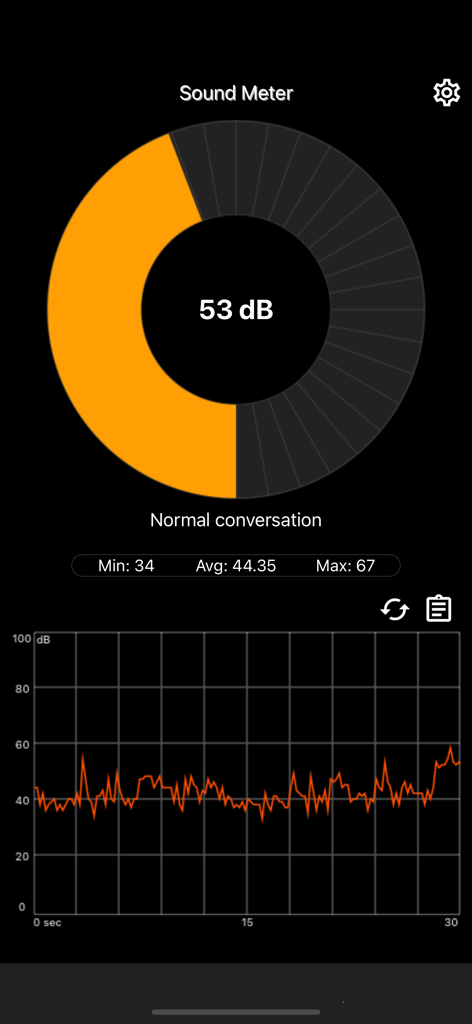 Sound Meter - Simple Detector - Mobile app interface showing a sound meter reading of 53 decibels and a real-time noise graph.