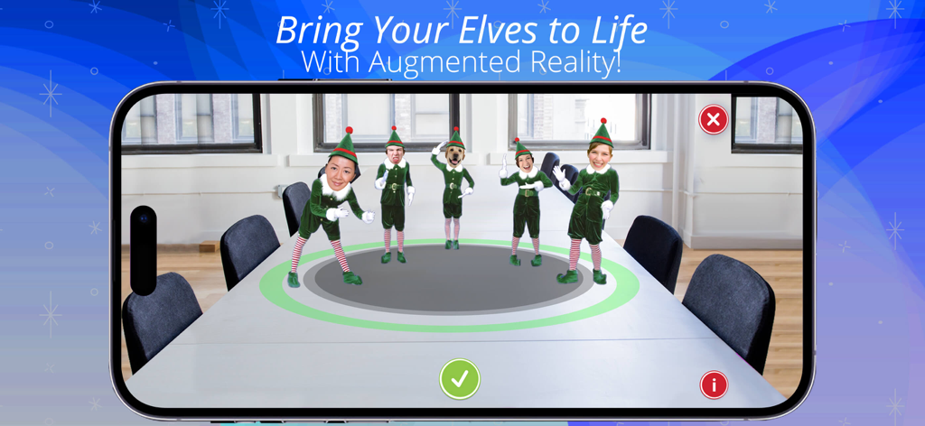 Cinco elfos personalizados bailando sobre una mesa de conferencias utilizando la función de realidad aumentada de ElfYourself