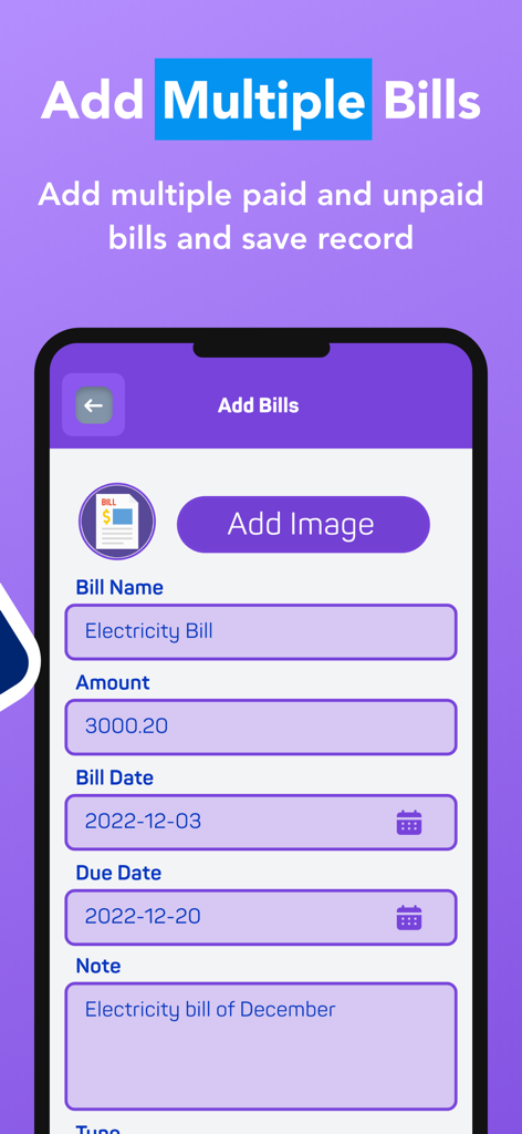 Expense Tracker:Budget Planner - Mobile interface to add and track bills with name amount and due date