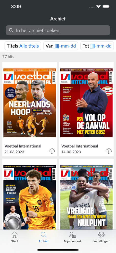 VI Kiosk - Vista de arquivo da aplicação VI Kiosk apresentando uma grelha de capas da revista Voetbal International com opções de pesquisa e filtro