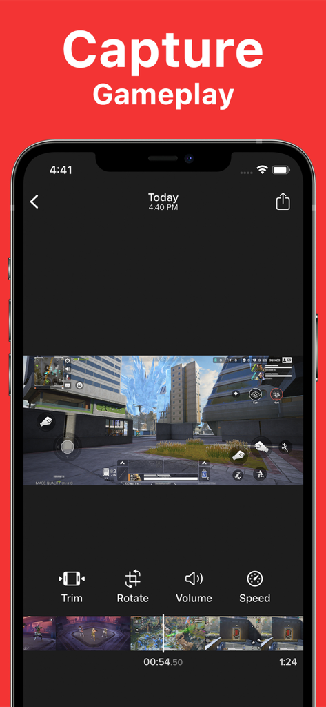 Mobile app interface of Go Record screen recorder showing gameplay capture and video editing tools