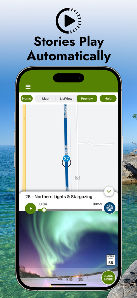 Lake Superior GPS Circle Tour - Mobile app interface of the Lake Superior GPS Circle Tour showing a map and an automatically playing audio story about Northern Lights.