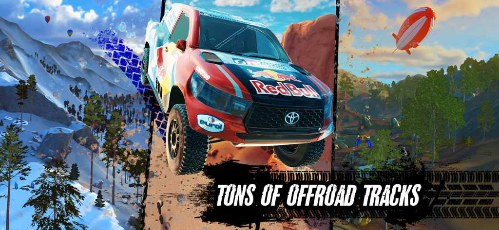 Offroad Unchained - Un camión de carreras todoterreno con la marca Red Bull saltando frente a paneles que muestran entornos nevados, desérticos y boscosos.