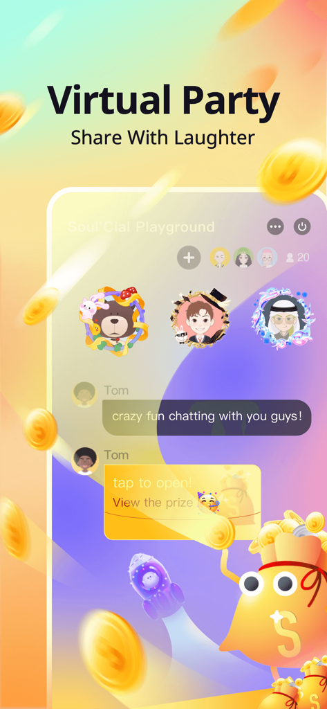Soul-Chat, Match, Party - Soul app virtual party interface showing user avatars and social chat messages