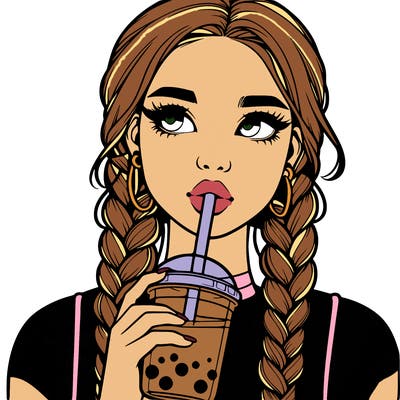 realistic girl with braided hair drinking boba