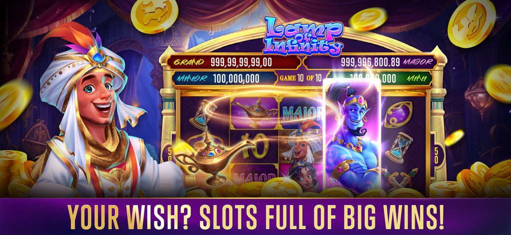 Lucky Bang: Online Casino - Una vibrante pantalla de juego de tragamonedas de Lucky Bang: Casino Online con temática de noches árabes con un genio y una lámpara mágica.