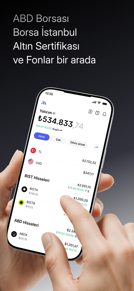 Midas: Borsa Hisse Alım Satım - Midas mobile app interface showing a diverse investment portfolio with Turkish and American stocks