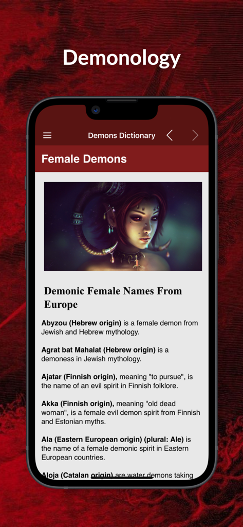 Demons Dictionary app showing a list of female demon names and their origins from Europe