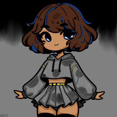 cute femboy with short, fluffy hair that softly frames their face, wearing a cropped hoodie, paired with a flouncy short skirt, and thigh-high stockings