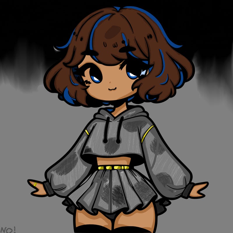 cute femboy with short, fluffy hair that softly frames their face, wearing a cropped hoodie, paired with a flouncy short skirt, and thigh-high stockings