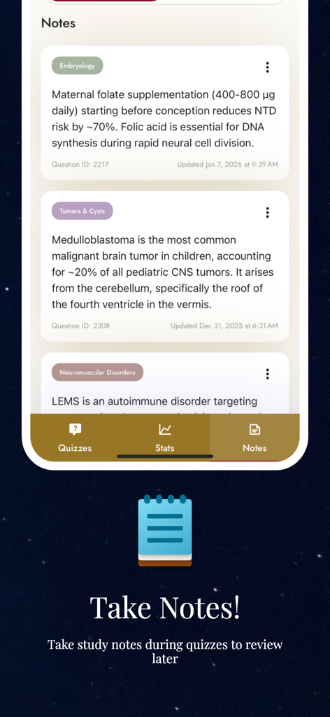 NowYouKnowMed - A mobile interface of NowYouKnowMed showing organized medical study notes with categories like Embryology and Tumors for neurology board preparation