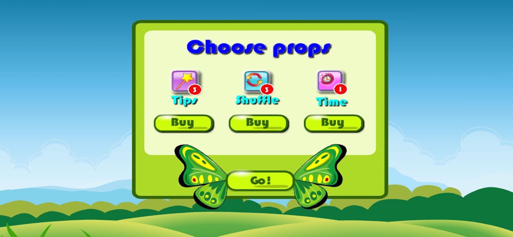 Menú del juego ButterflyLink para elegir accesorios, incluyendo pistas, barajar y tiempo extra