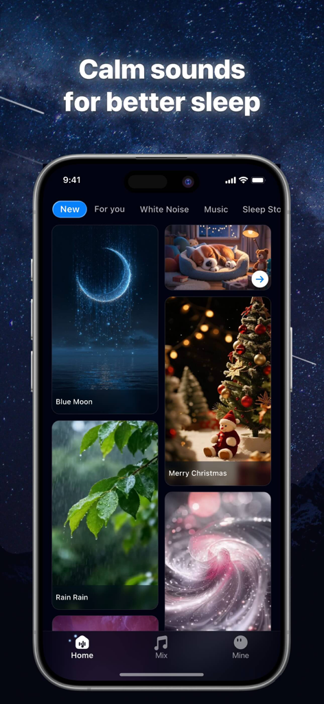 Sleep Sound: Relax White Noise - A smartphone screen displaying the Sleep Sound app interface with various calming soundscapes like Blue Moon and Rain Rain.