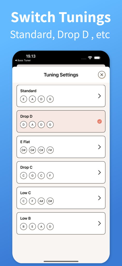 Bass Tuner - TuneGuide - Una lista de configuraciones de afinación de bajo eléctrico, incluyendo Estándar y Drop D, en la aplicación TuneGuide