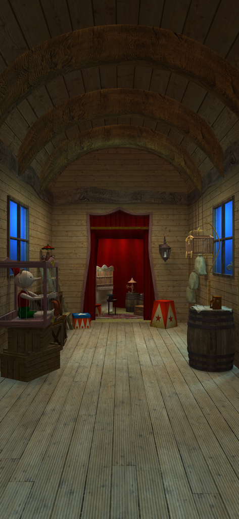 Room Escape Game-Pinocchio - A whimsical wooden room in a Pinocchio themed escape game featuring a puppet in a cage and a red curtained doorway