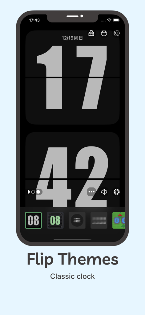 TickClock-Widget flipclock - A smartphone screen displaying a classic gray flip clock with various theme options at the bottom
