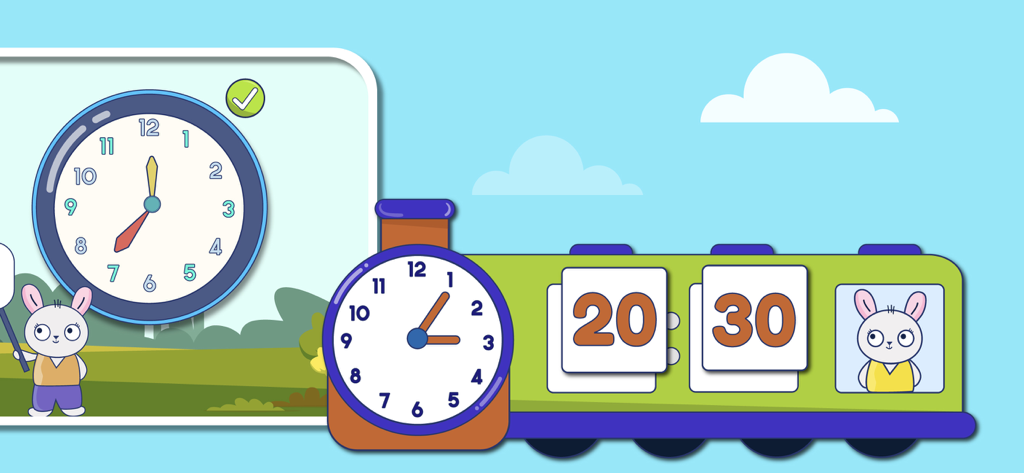 Educational clock game for toddlers featuring analog and digital time on a cartoon train