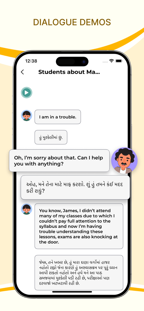 Learn English Through Gujarati - A mobile app screen showing conversational English sentences translated into Gujarati for practice.
