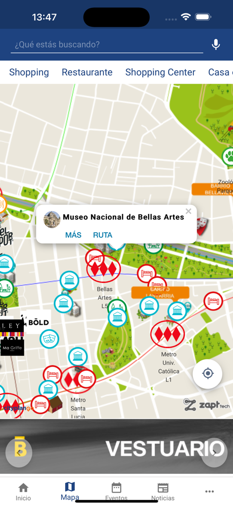 Cityplan GO - Aplicación móvil Cityplan GO mostrando un mapa con ubicaciones de museos y estaciones de metro