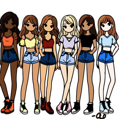 a group of girls wearing crop tops and shorts