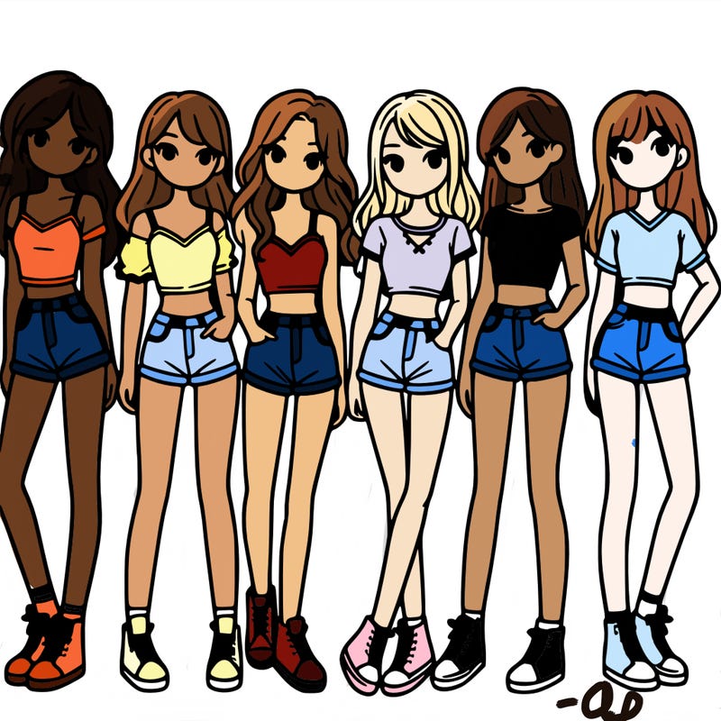 a group of girls wearing crop tops and shorts