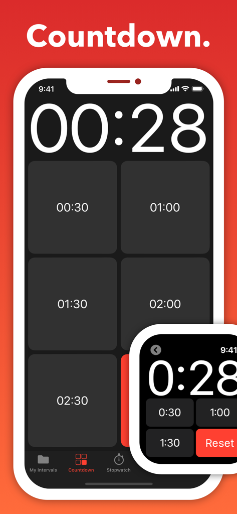 Seconds Pro interval timer countdown screen with presets on iPhone and Apple Watch