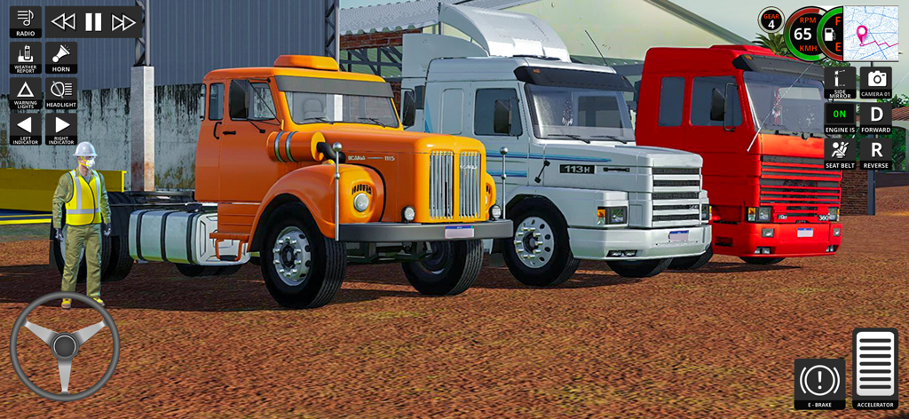 Three multi-colored semi trucks parked in a row with the game UI and driver character visible.
