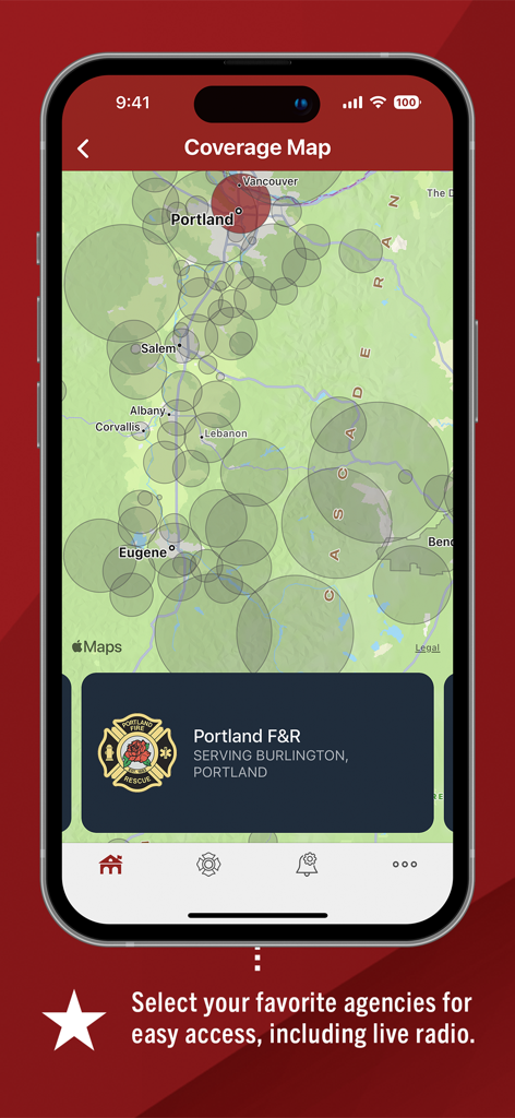 PulsePoint Respond - PulsePoint Respond app coverage map showing Portland Fire and Rescue service areas on an iPhone.