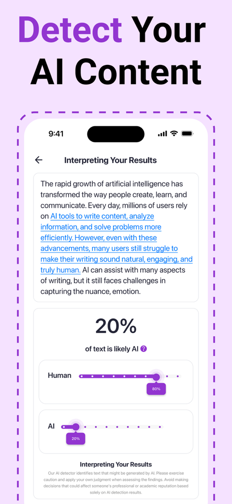 Humanix - AI Text Humanizer - Humanix app interface showing an AI content detection score with human versus AI percentages.