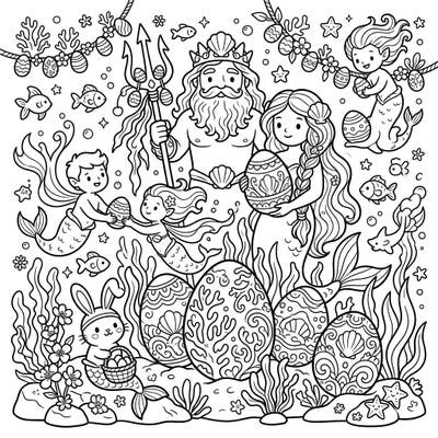 Unleash your creativity with this delightful coloring page featuring an unforgettable underwater Easter celebration. Join benevolent sea gods, enchanting mermaids, and an adorable mer-bunny as they share the joy of decorated eggs and spring blossoms beneath the waves.