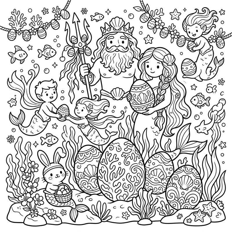 Unleash your creativity with this delightful coloring page featuring an unforgettable underwater Easter celebration. Join benevolent sea gods, enchanting mermaids, and an adorable mer-bunny as they share the joy of decorated eggs and spring blossoms beneath the waves.