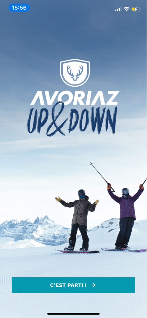 Avoriaz Up&Down - Avoriaz Up and Down app welcome screen showing skiers on a snowy mountain