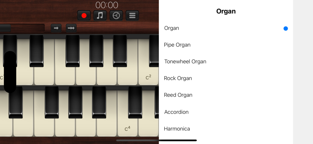 Interfaz de la aplicación Organ que muestra un teclado de piano de doble capa y un menú con varias opciones de instrumentos como Órgano de Tubos y Acordeón.