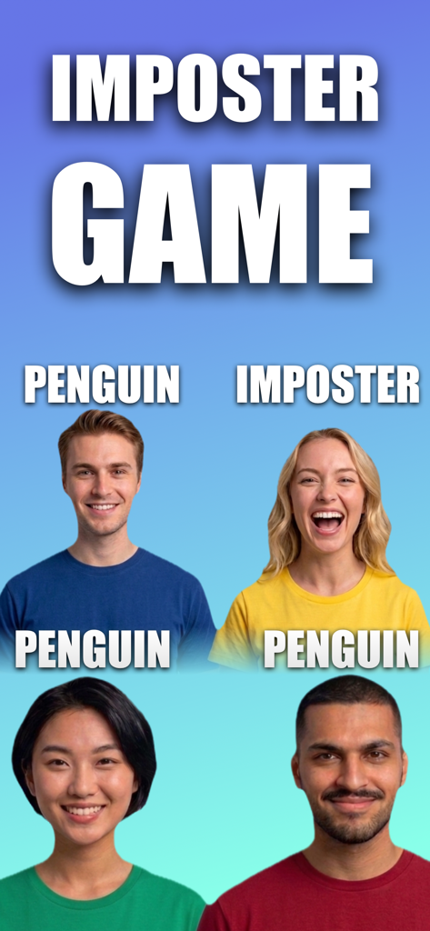 Imposter Game - Party Zone - Un grupo de amigos jugando a la app de deducción social Imposter Game donde una persona es secretamente el impostor mientras otros conocen la palabra pingüino