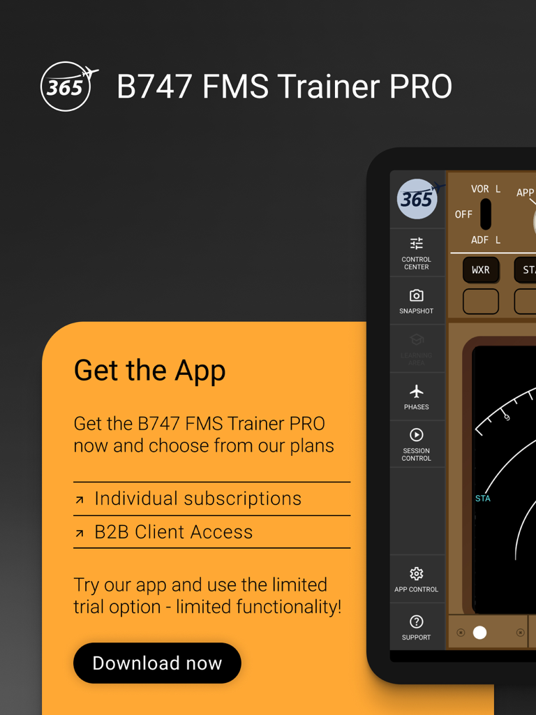 B747 FMS Trainer PRO - B747 FMS Trainer PRO app download screen featuring individual and B2B subscription options with a cockpit interface preview.