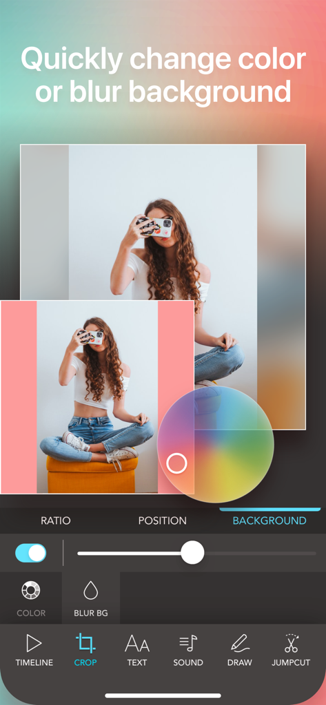 Crop Video Square Editor - Interface d'application mobile montrant comment changer la couleur d'arrière-plan de la vidéo ou la flouter