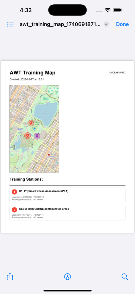 A digital training map in the Expert Soldier Badge app showing physical fitness assessment and CBRNE stations on a map
