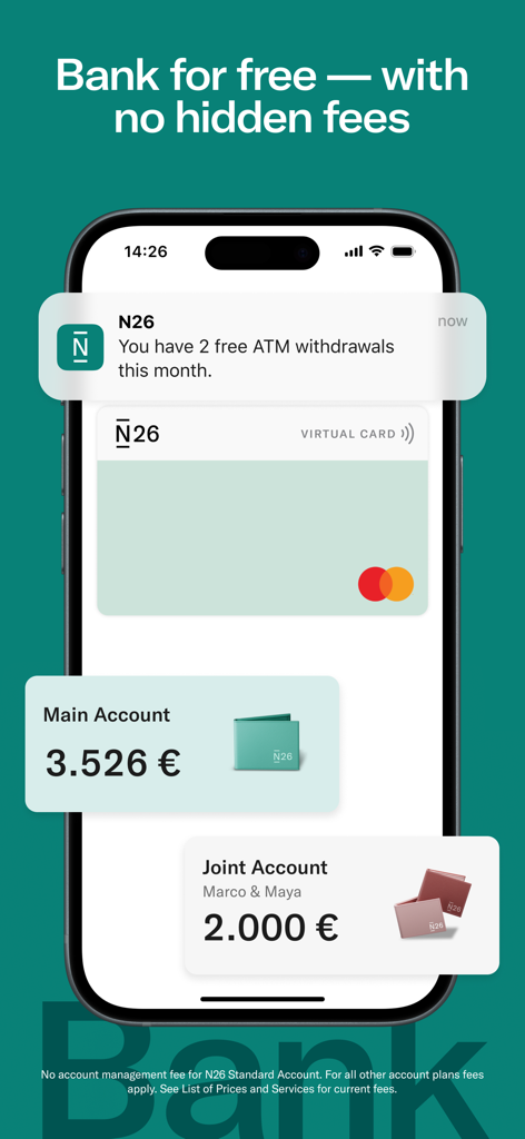 N26 — Love your bank - N26 mobile app interface showing free banking features including main and joint account balances and a virtual Mastercard