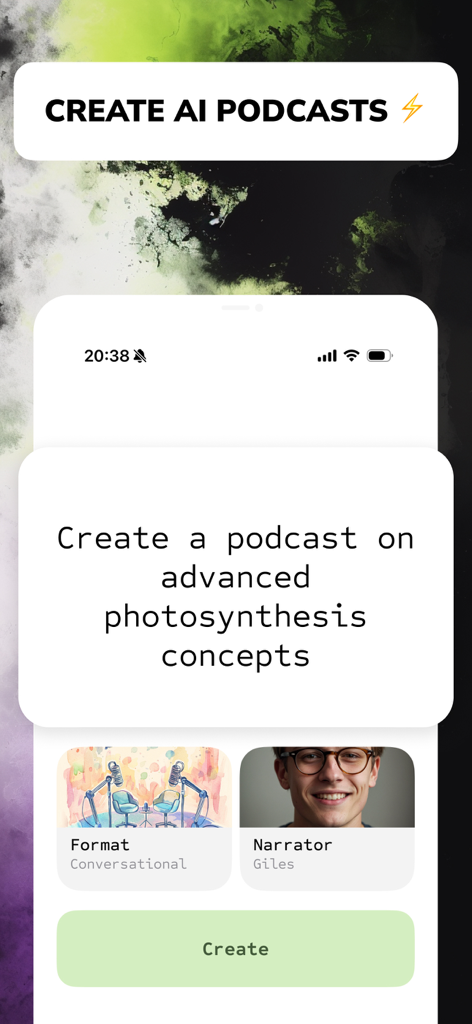 Poddle - AI podcast lessons - Poddle app screen showing the creation interface for an AI podcast about advanced photosynthesis with options for format and narrator.