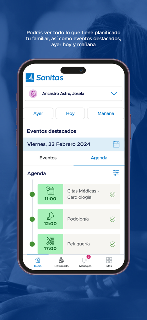 Sanitas Mayores - Aplicación móvil Sanitas Mayores mostrando un calendario diario con citas médicas y servicios personales para un familiar mayor