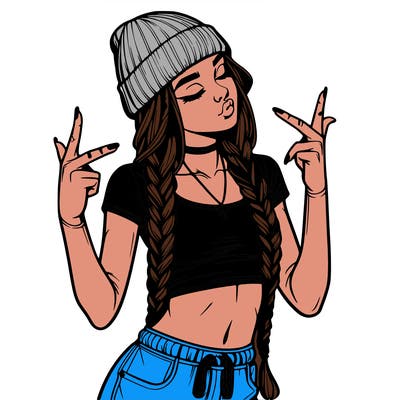realistic teenage girl with braids and a beanie and crop top doing 🫶🏼